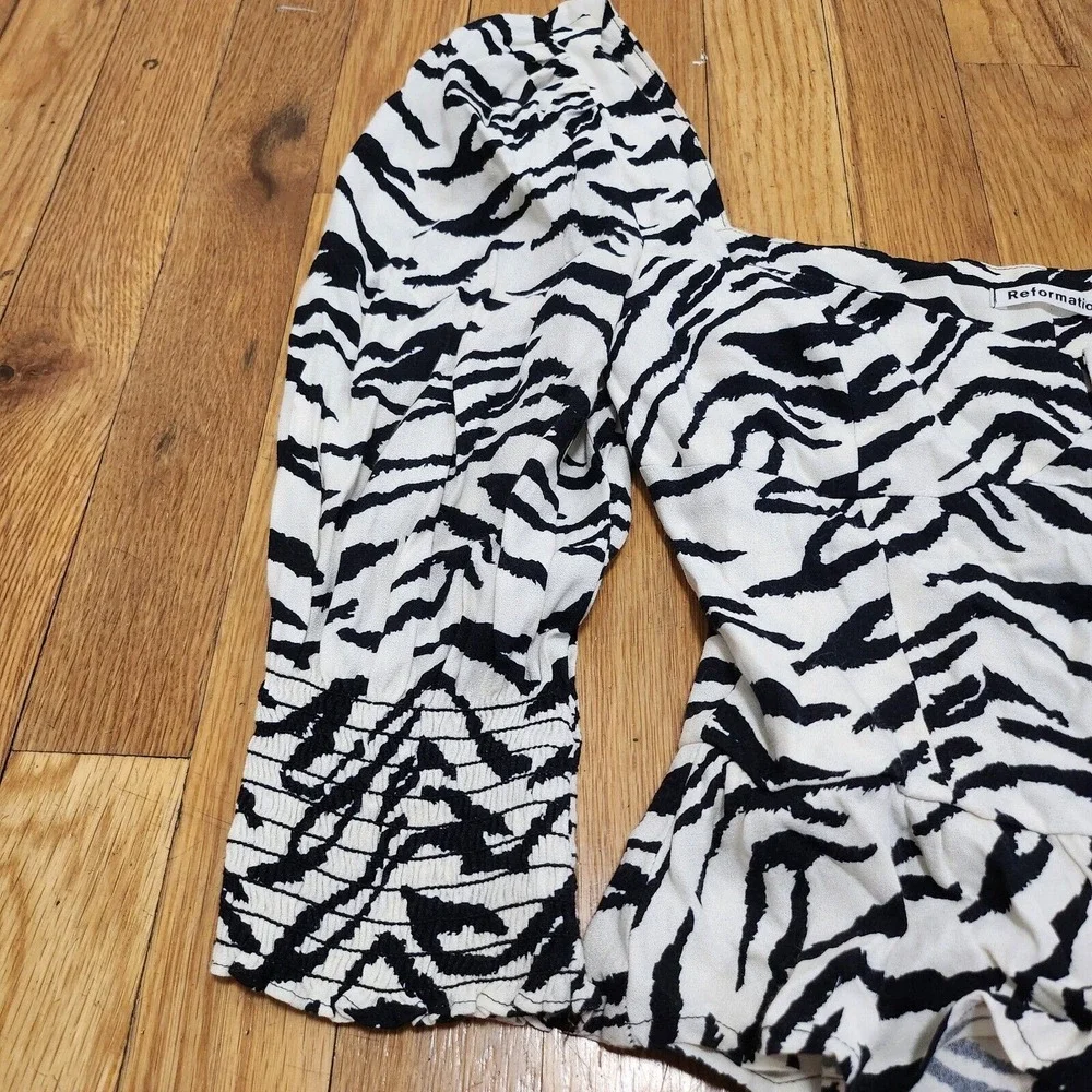 Reformation Black and Cream Zebra Print Puff Sleeve Blouse